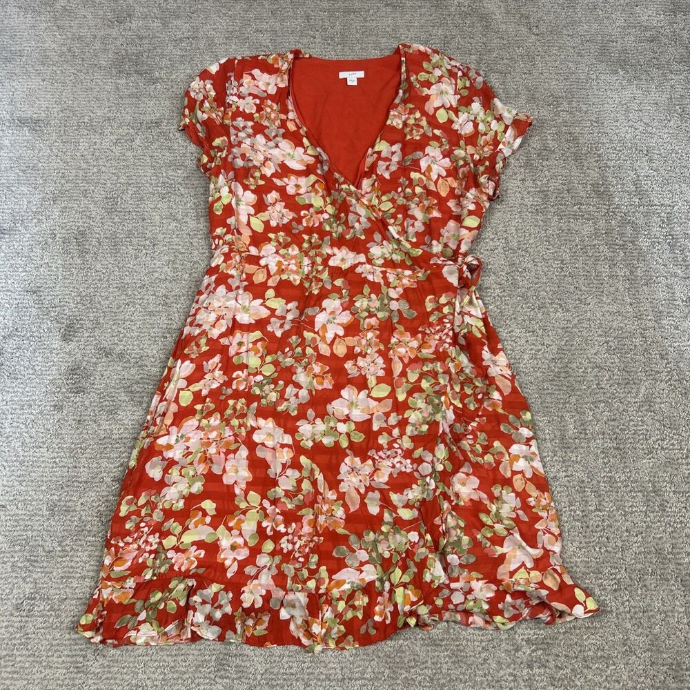 J Jill Wrap Dress Womens Medium Coral Red Floral Print Short Sleeve Ruffle